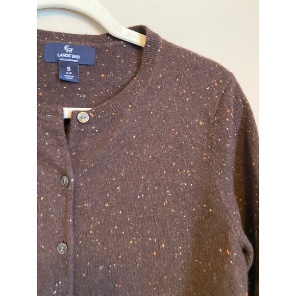 Lands End 100% Cashmere Brown Speckled Crew Neck Cardigan Sweater Size Small - Picture 2 of 6